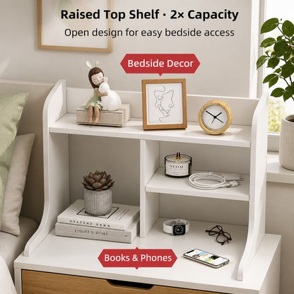 HYGGO White Nightstand Bedside Table Wooden Drawers Storage Sections Curved Sides