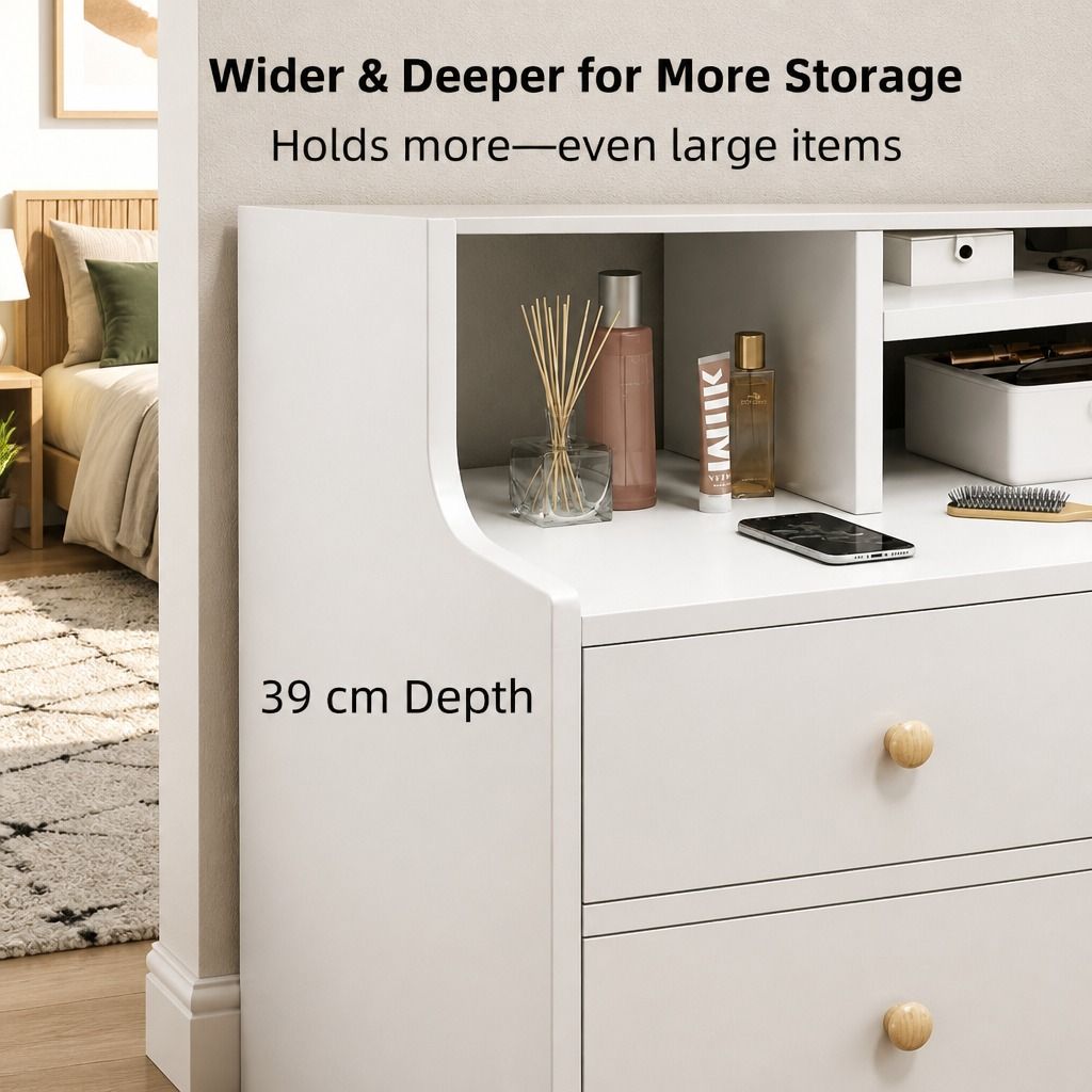 HYGGO White Nightstand Bedside Table Wooden Drawers Storage Sections Curved Sides