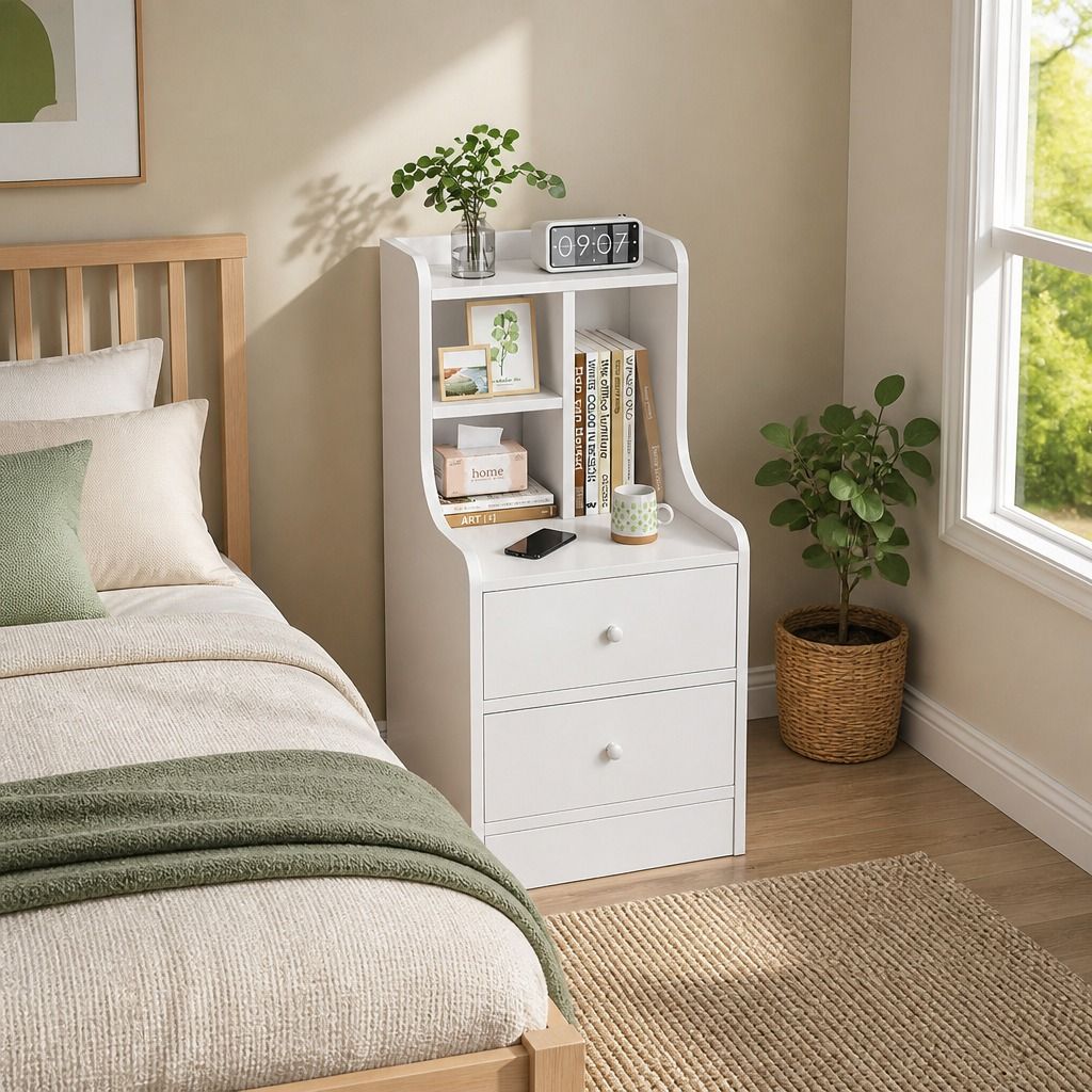 HYGGO White Nightstand Bedside Table Wooden Drawers Storage Sections Curved Sides