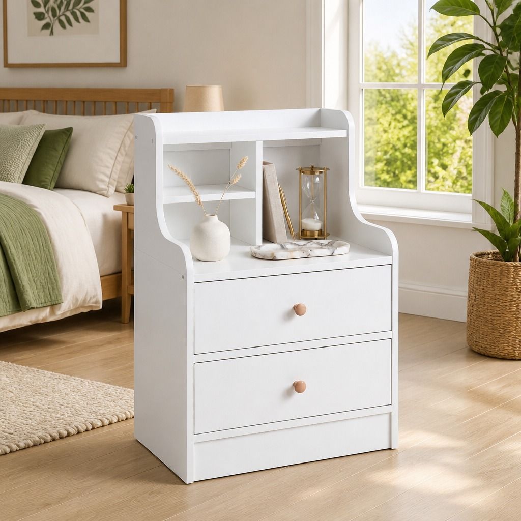 HYGGO White Nightstand Bedside Table Wooden Drawers Storage Sections Curved Sides