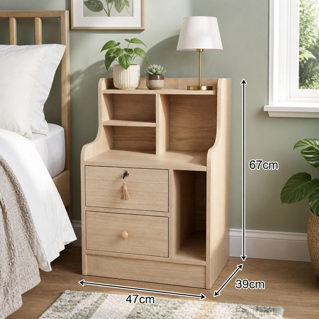 HYGGO Light Wood Bedside Table Drawer Nightstand Open Shelf Storage Tray Nordic 70cm