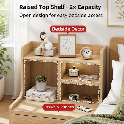 HYGGO Light Wood Bedside Table Drawer Nightstand Open Shelf Storage Tray Nordic 70cm