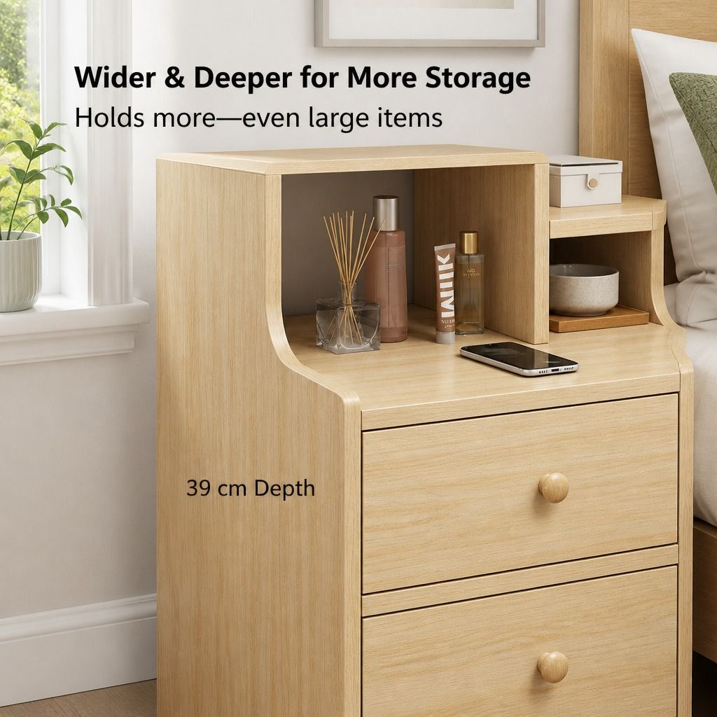 HYGGO Light Wood Bedside Table Drawer Nightstand Open Shelf Storage Tray Nordic 70cm