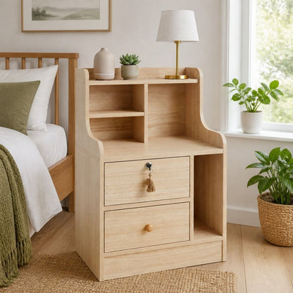 HYGGO Light Wood Bedside Table Drawer Nightstand Open Shelf Storage Tray Nordic 70cm