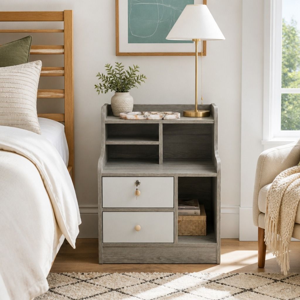 HYGGO Light Gray Bedside Table Nightstand Drawer Open Shelf Secure Storage 70cm