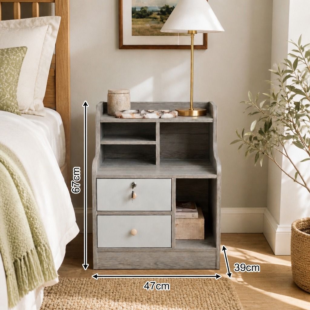 HYGGO Light Gray Bedside Table Nightstand Drawer Open Shelf Secure Storage 70cm