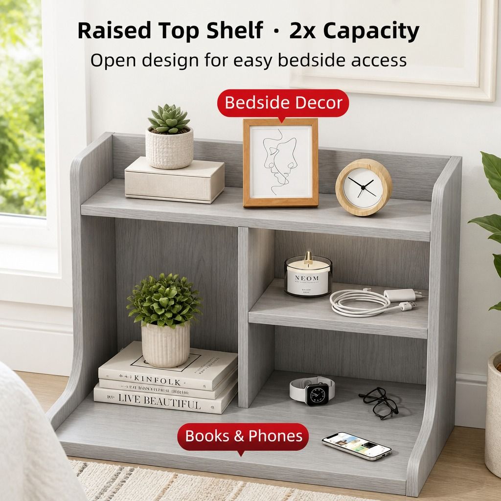 HYGGO Light Gray Bedside Table Nightstand Drawer Open Shelf Secure Storage 70cm