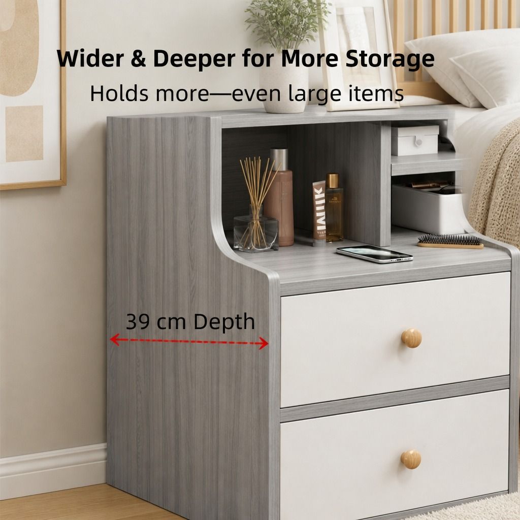 HYGGO Light Gray Bedside Table Nightstand Drawer Open Shelf Secure Storage 70cm