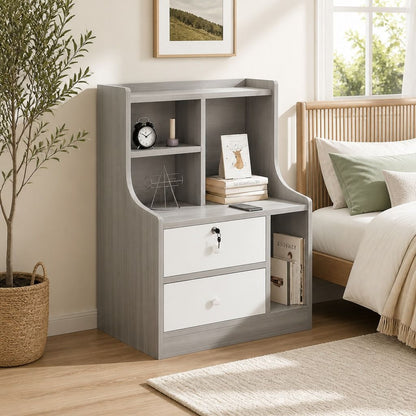 HYGGO Light Gray Bedside Table Nightstand Drawer Open Shelf Secure Storage 70cm