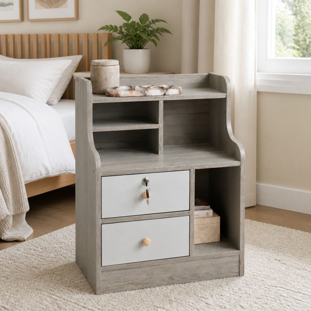 HYGGO Light Gray Bedside Table Nightstand Drawer Open Shelf Secure Storage 70cm