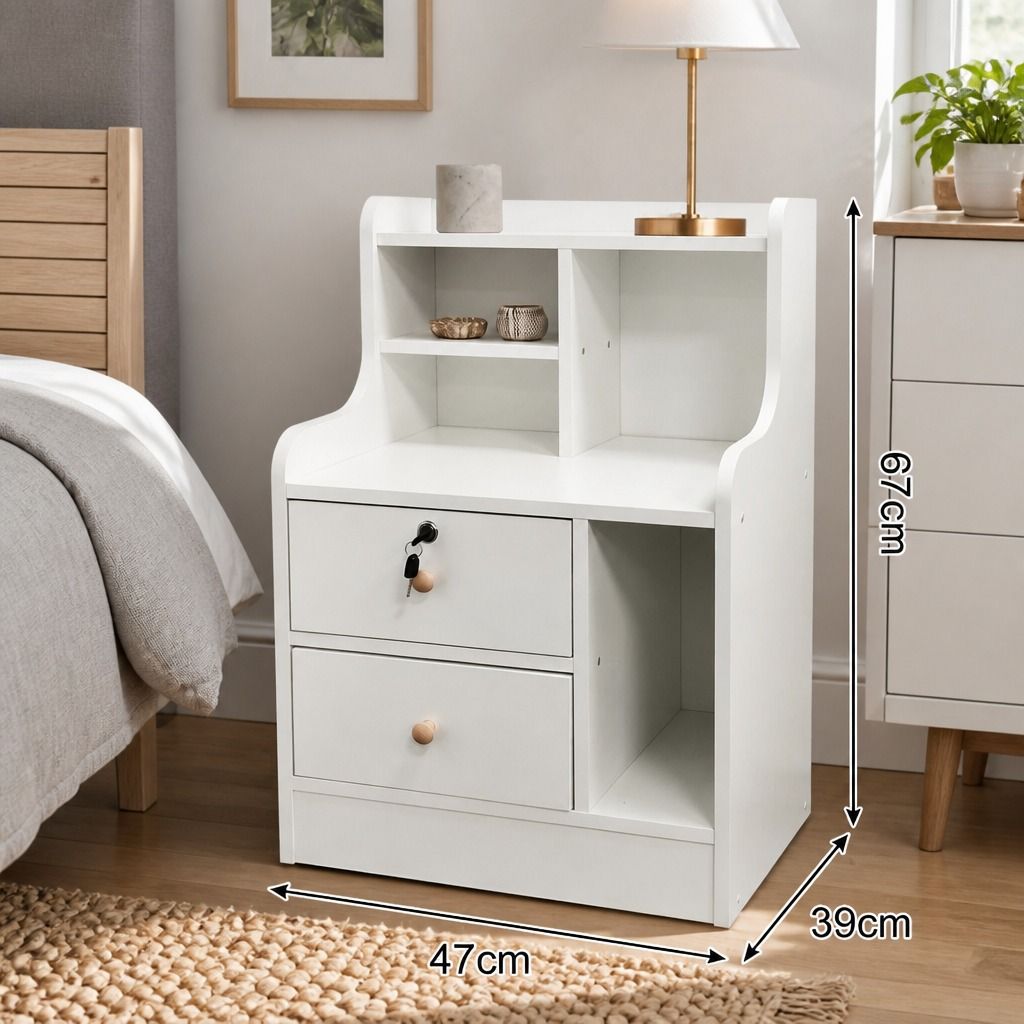HYGGO White Nightstand Drawer Shelf Storage Tray Wooden Knob Bedside Table Minimalist