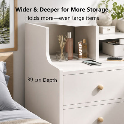 HYGGO White Nightstand Drawer Shelf Storage Tray Wooden Knob Bedside Table Minimalist