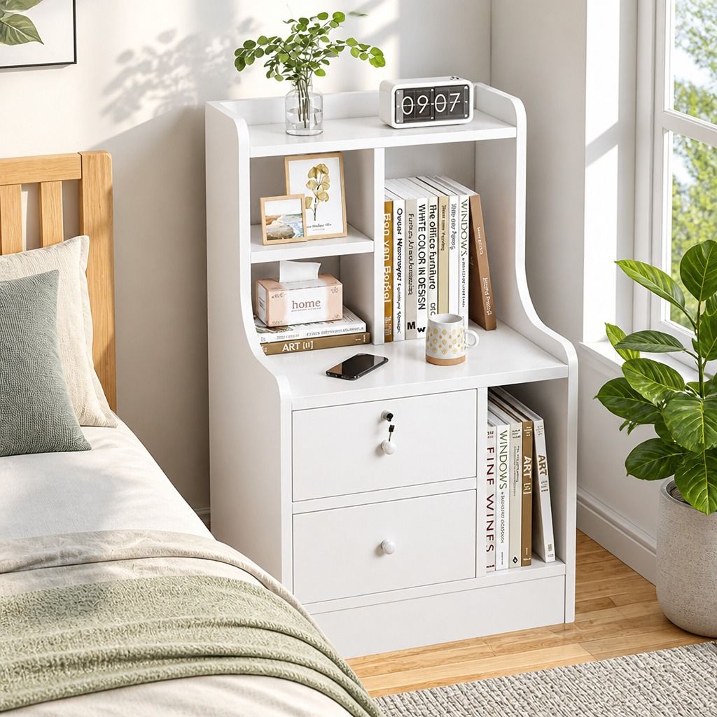 HYGGO White Nightstand Drawer Shelf Storage Tray Wooden Knob Bedside Table Minimalist