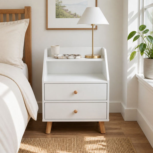 Warm White Bedside Table Nightstand Wooden Legs Two Drawers Open Storage
