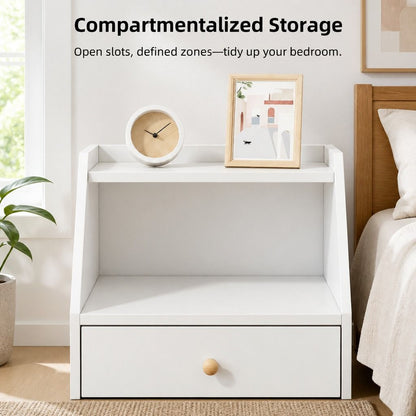 Warm White Bedside Table Nightstand Wooden Legs Two Drawers Open Storage