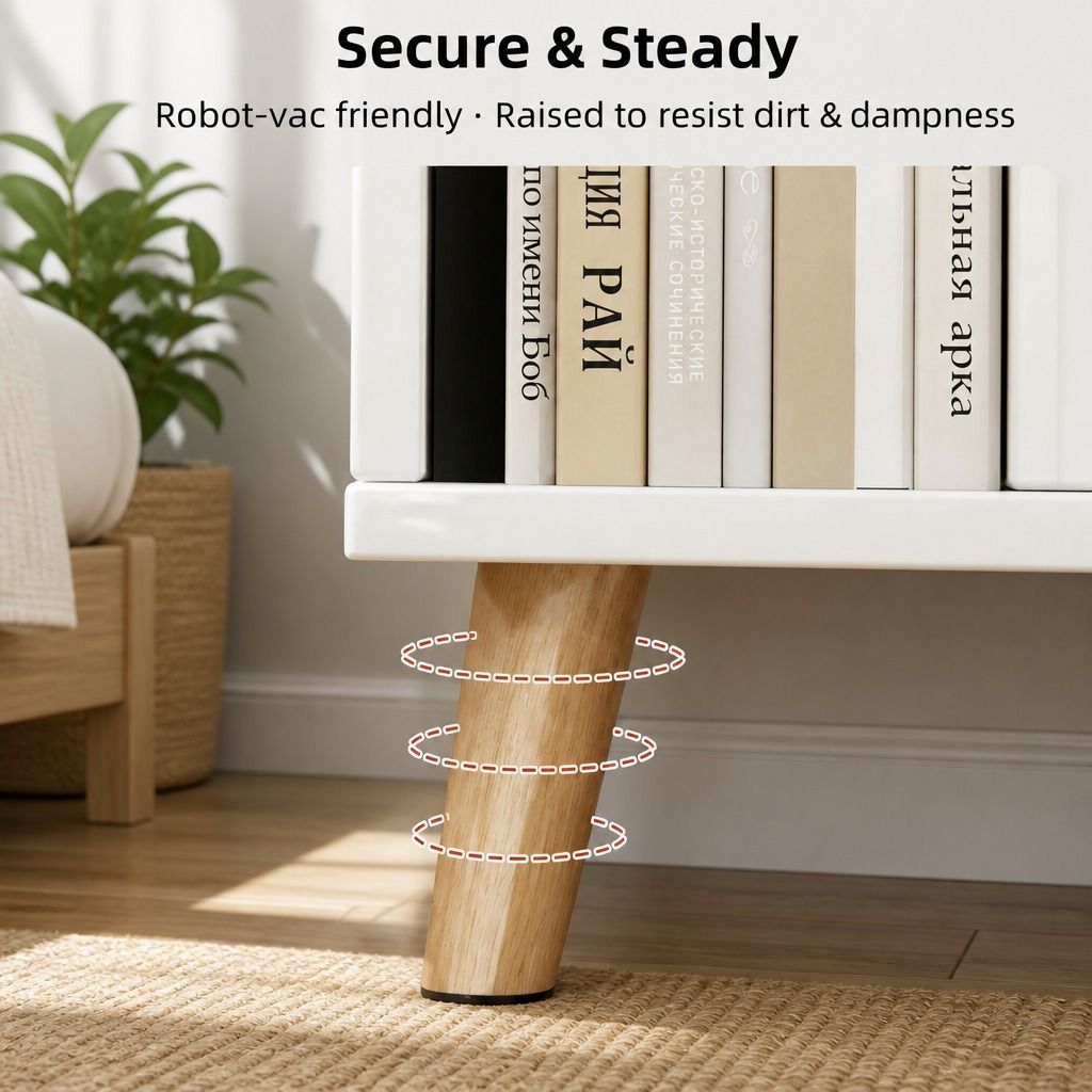 Warm White Bedside Table Nightstand Wooden Legs Two Drawers Open Storage