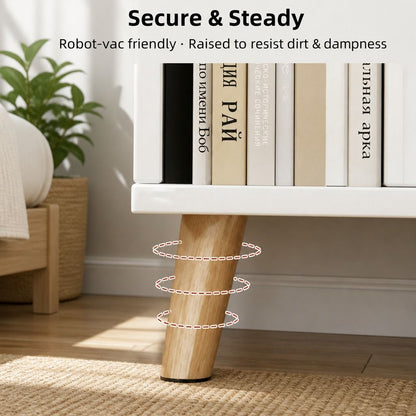 Warm White Bedside Table Nightstand Wooden Legs Two Drawers Open Storage