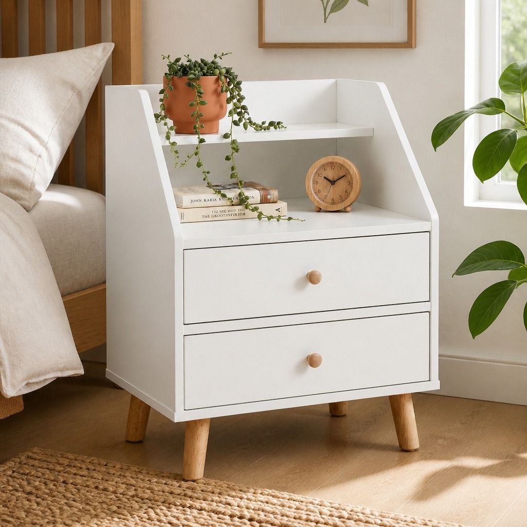 Warm White Bedside Table Nightstand Wooden Legs Two Drawers Open Storage