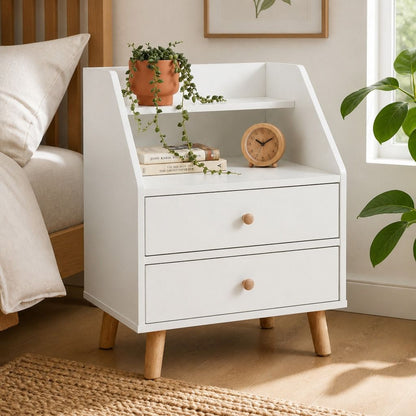 Warm White Bedside Table Nightstand Wooden Legs Two Drawers Open Storage