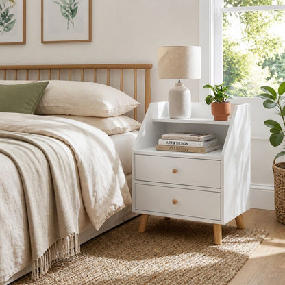 Warm White Bedside Table Nightstand Wooden Legs Two Drawers Open Storage