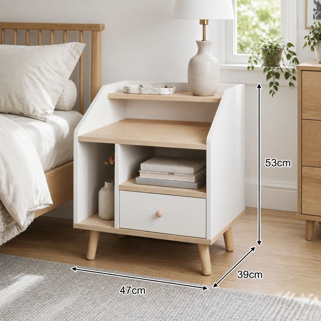 HYGGO Bedside Table Drawer Nightstand Wooden Legs Open Shelves Side Compartment White