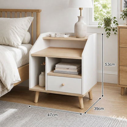 HYGGO Bedside Table Drawer Nightstand Wooden Legs Open Shelves Side Compartment White