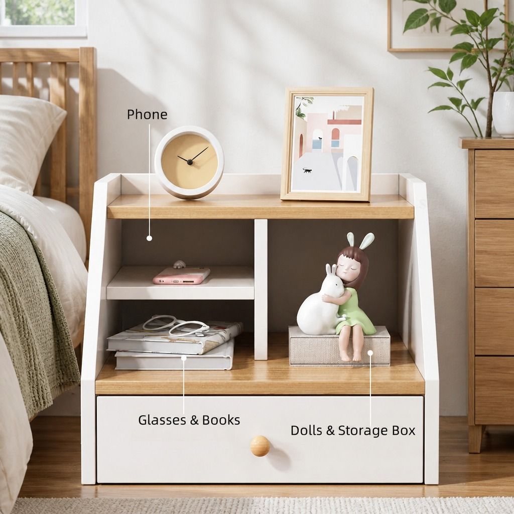 HYGGO Bedside Table Drawer Nightstand Wooden Legs Open Shelves Side Compartment White