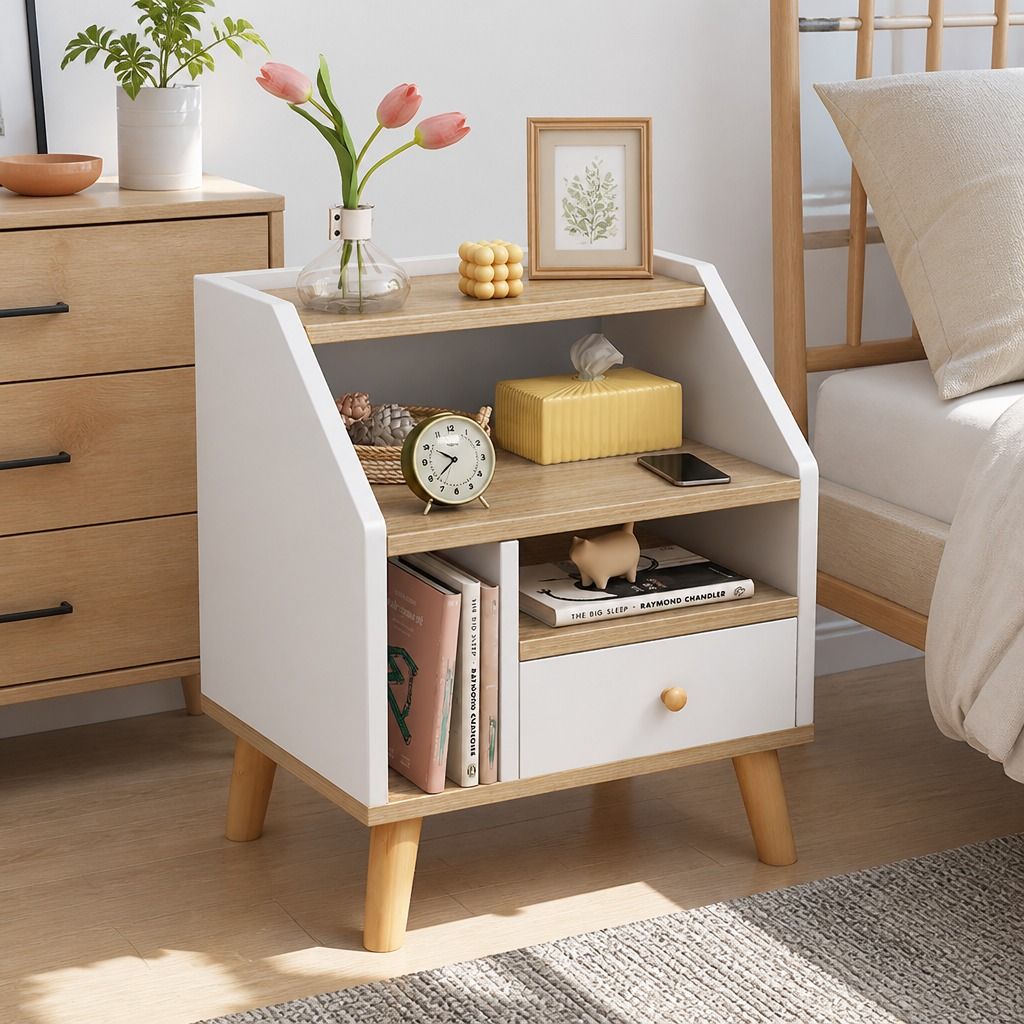 HYGGO Bedside Table Drawer Nightstand Wooden Legs Open Shelves Side Compartment White