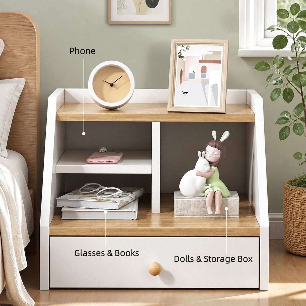 HYGGO Two-Tone Bedside Table Nightstand Drawer Storage Wooden Legs White Wood Design