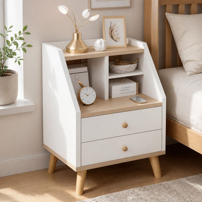HYGGO Two-Tone Bedside Table Nightstand Drawer Storage Wooden Legs White Wood Design