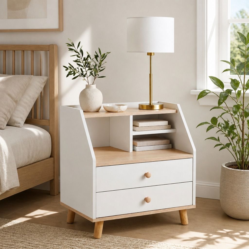 HYGGO Two-Tone Bedside Table Nightstand Drawer Storage Wooden Legs White Wood Design