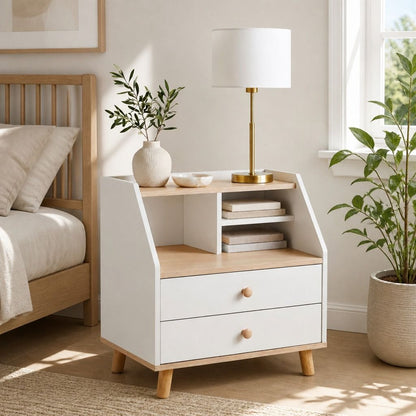 HYGGO Two-Tone Bedside Table Nightstand Drawer Storage Wooden Legs White Wood Design