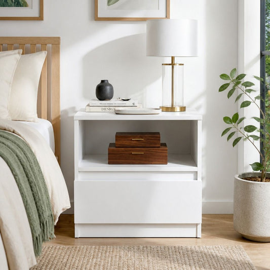 HYGGO Bedside Table Drawer Nightstand Warm White Open Storage Compact 47cm Modern