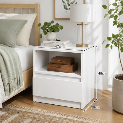 HYGGO Bedside Table Drawer Nightstand Warm White Open Storage Compact 47cm Modern