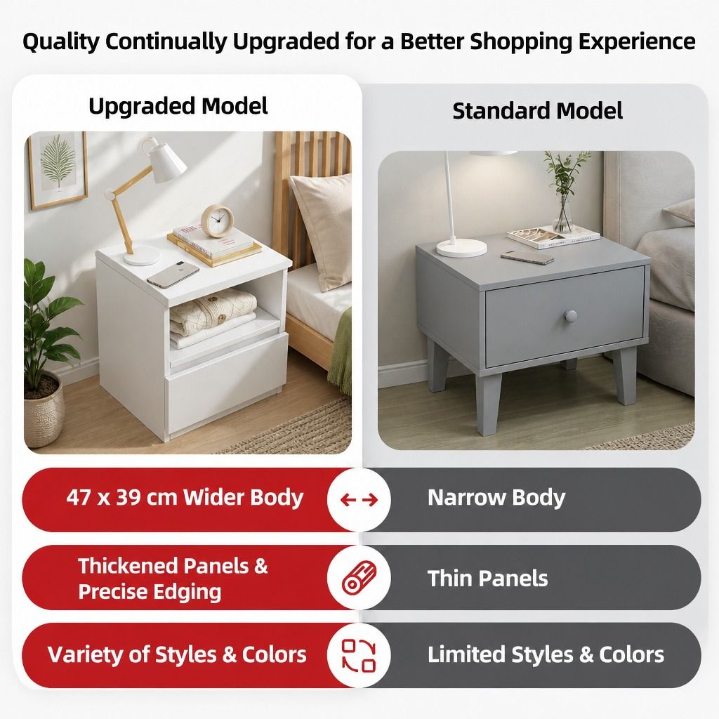 HYGGO Bedside Table Drawer Nightstand Warm White Open Storage Compact 47cm Modern