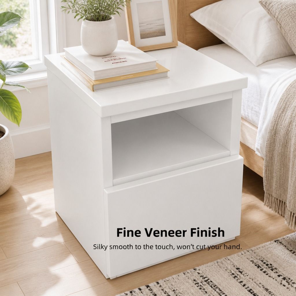 HYGGO Bedside Table Drawer Nightstand Warm White Open Storage Compact 47cm Modern