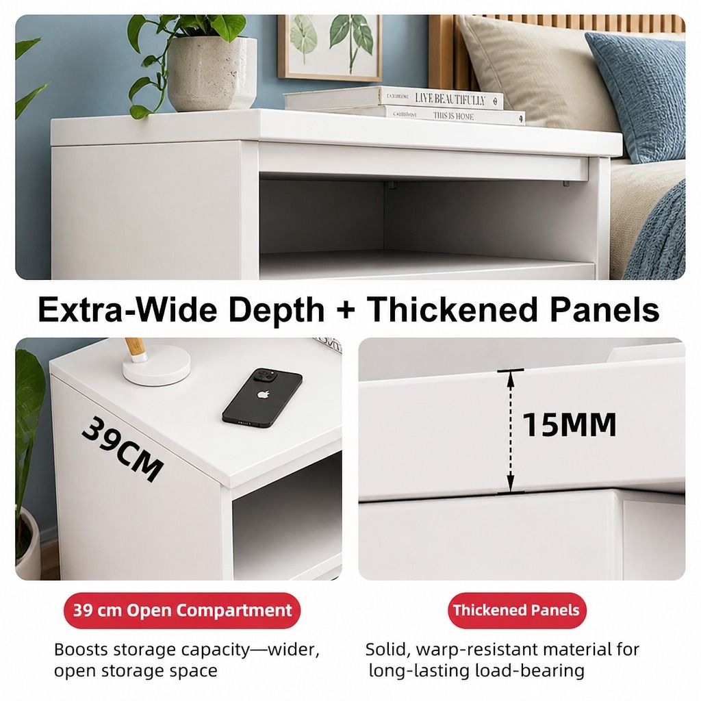 HYGGO Bedside Table Drawer Nightstand Warm White Open Storage Compact 47cm Modern