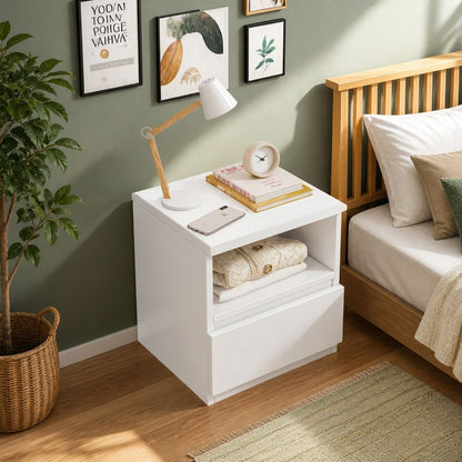 HYGGO Bedside Table Drawer Nightstand Warm White Open Storage Compact 47cm Modern