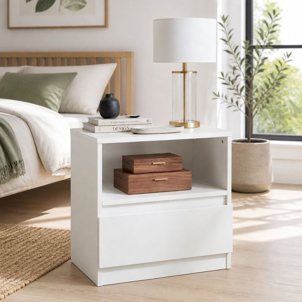 HYGGO Bedside Table Drawer Nightstand Warm White Open Storage Compact 47cm Modern