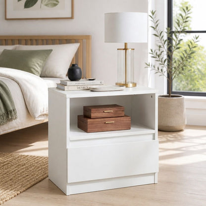 HYGGO Bedside Table Drawer Nightstand Warm White Open Storage Compact 47cm Modern