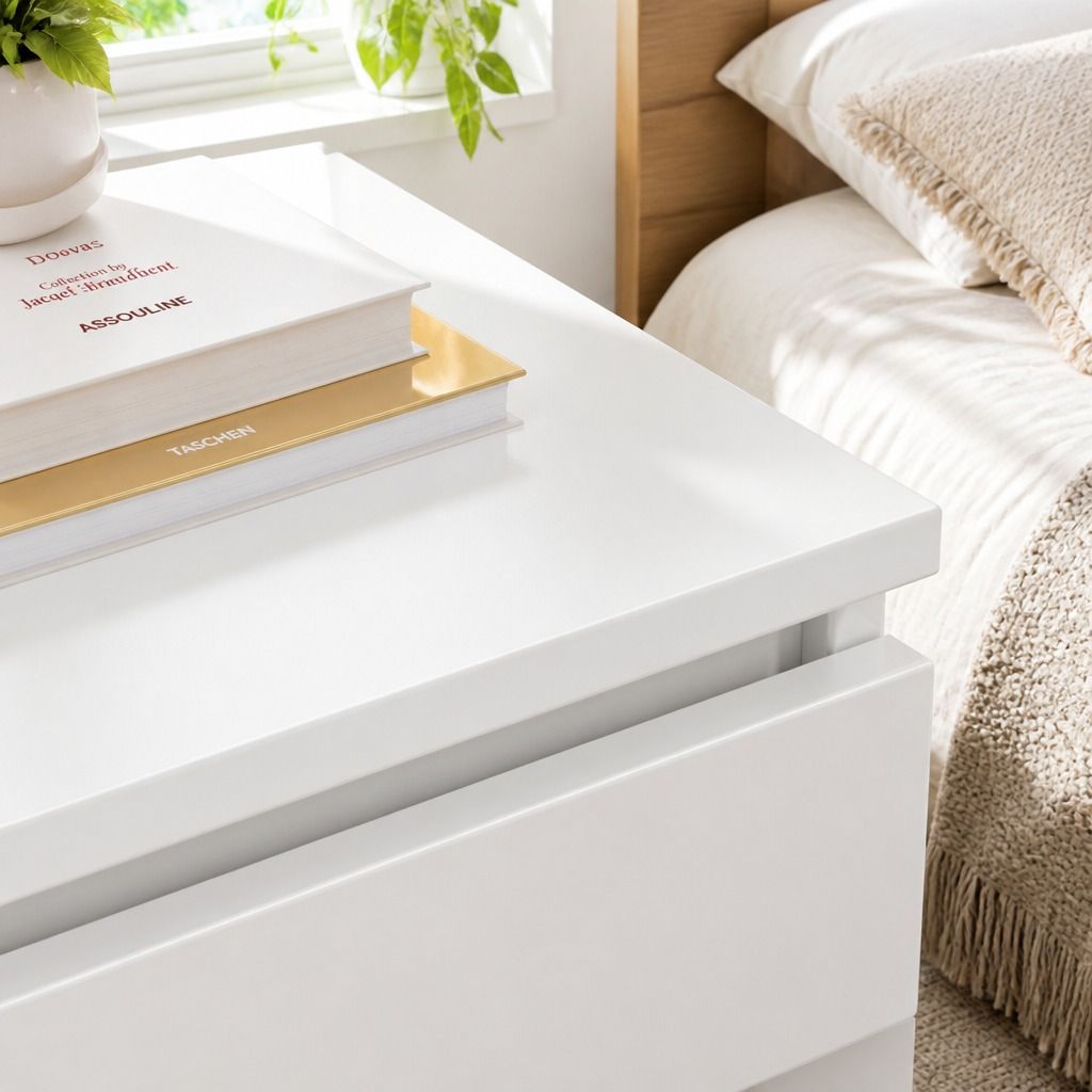 HYGGO Bedside Table Drawer Nightstand Warm White Double Drawer Finger Pull Modern