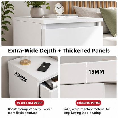HYGGO Bedside Table Drawer Nightstand Warm White Double Drawer Finger Pull Modern