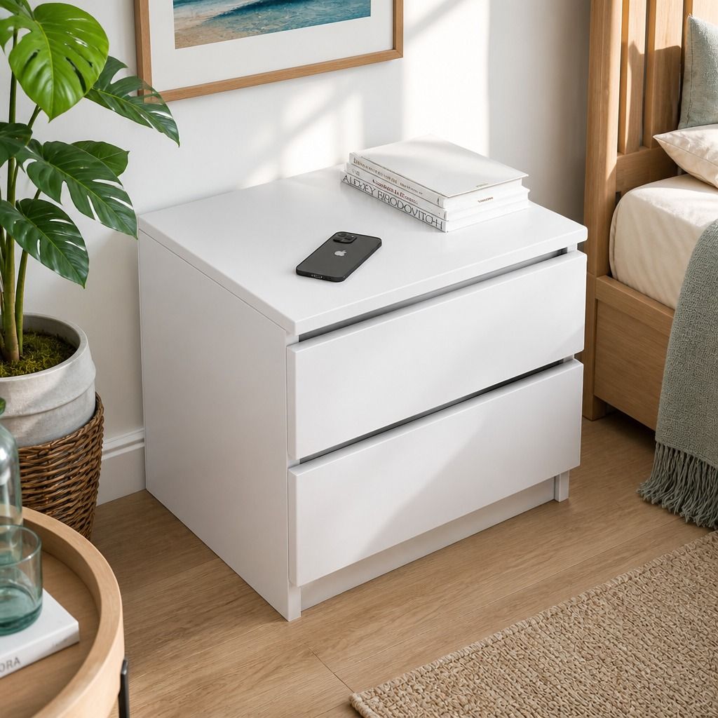 HYGGO Bedside Table Drawer Nightstand Warm White Double Drawer Finger Pull Modern