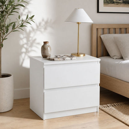 HYGGO Bedside Table Drawer Nightstand Warm White Double Drawer Finger Pull Modern