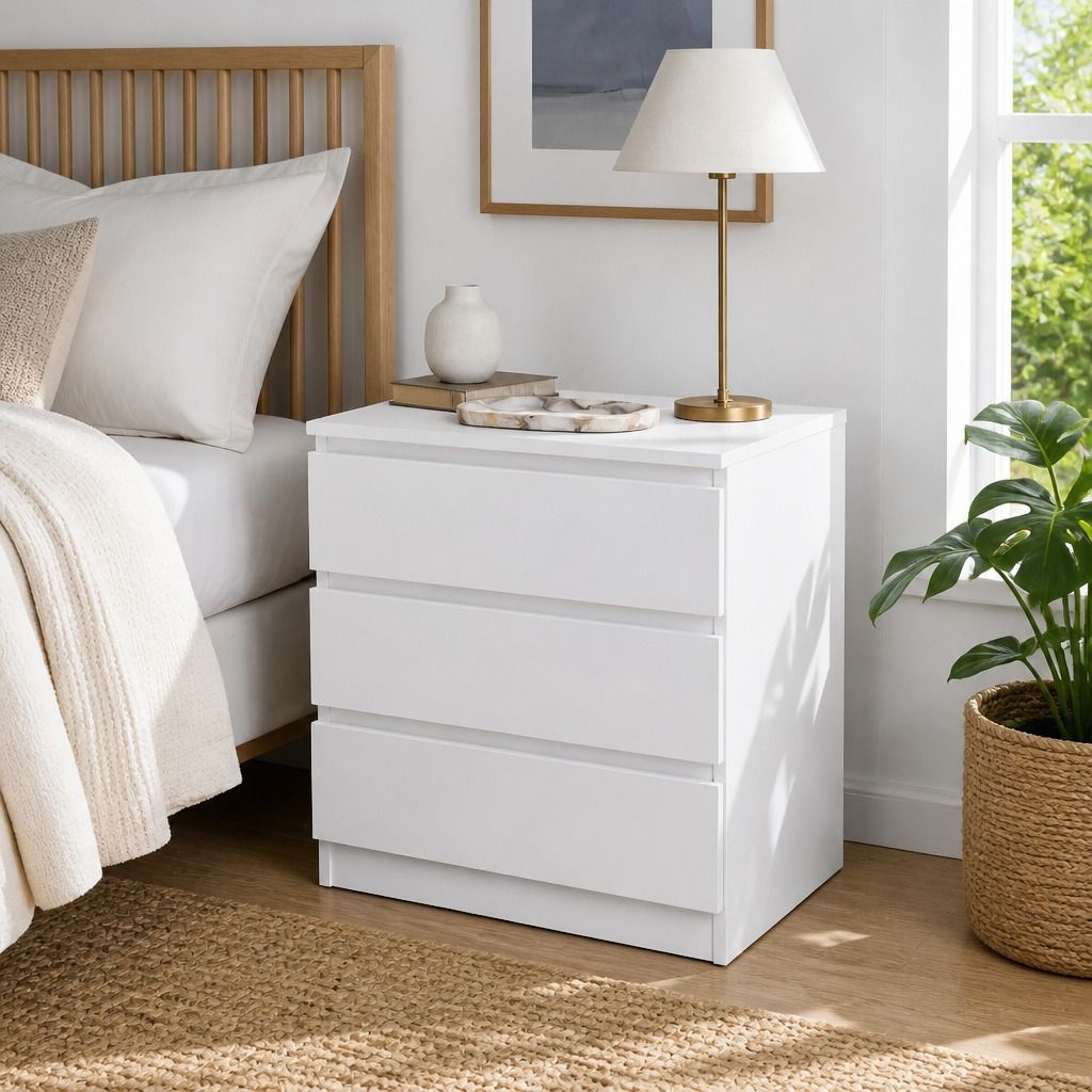 HYGGO Bedside Table Drawer Nightstand Warm White Triple Drawer Finger Pull Modern