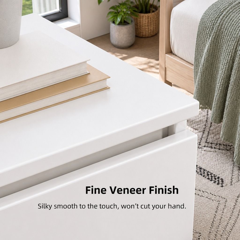 HYGGO Bedside Table Drawer Nightstand Warm White Triple Drawer Finger Pull Modern