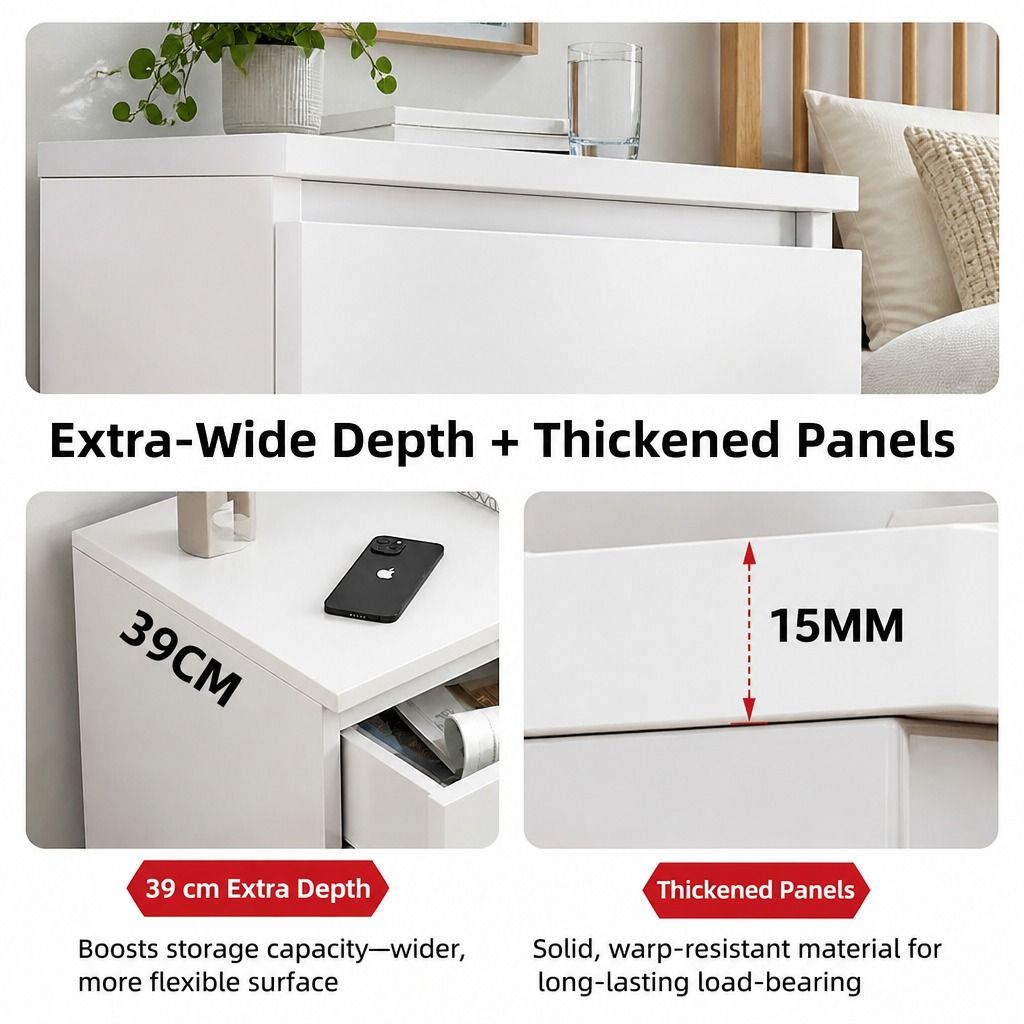 HYGGO Bedside Table Drawer Nightstand Warm White Triple Drawer Finger Pull Modern