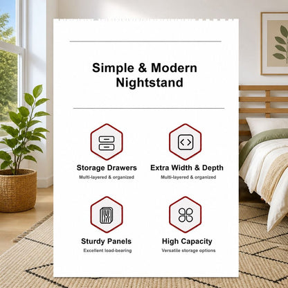 HYGGO Bedside Table Drawer Nightstand Warm White Triple Drawer Finger Pull Modern