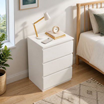 HYGGO Bedside Table Drawer Nightstand Warm White Triple Drawer Finger Pull Modern