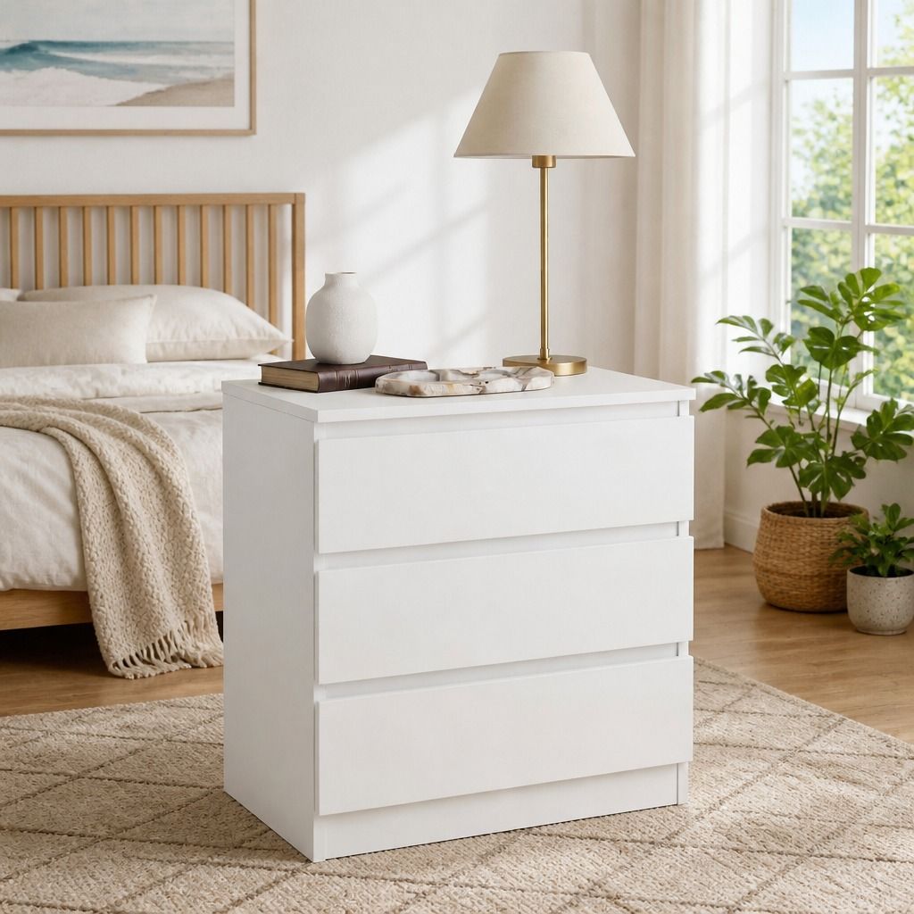 HYGGO Bedside Table Drawer Nightstand Warm White Triple Drawer Finger Pull Modern